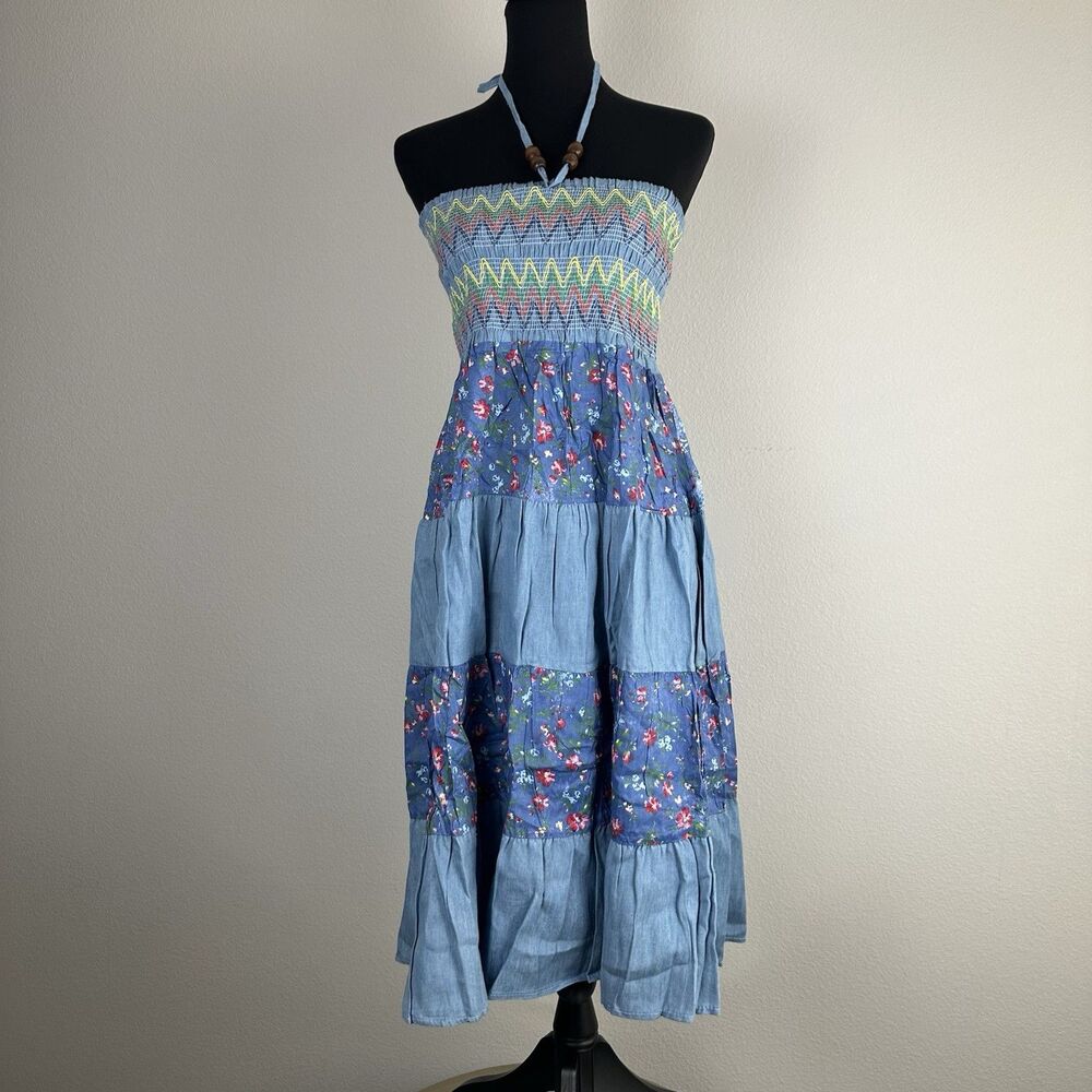 Chaudry KC Convertible Skirt Dress Sz Small Halter Tiered Floral Patchwork Boho
